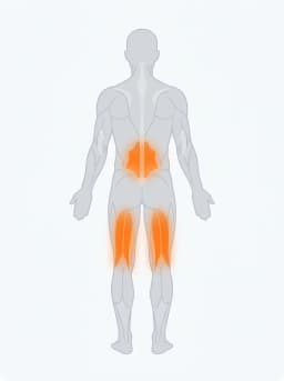 Body map highlighting hamstrings, lower back