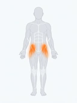 Body map highlighting hip flexors, quads