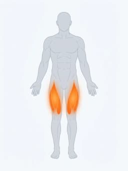 Body map highlighting quads, glutes, hips